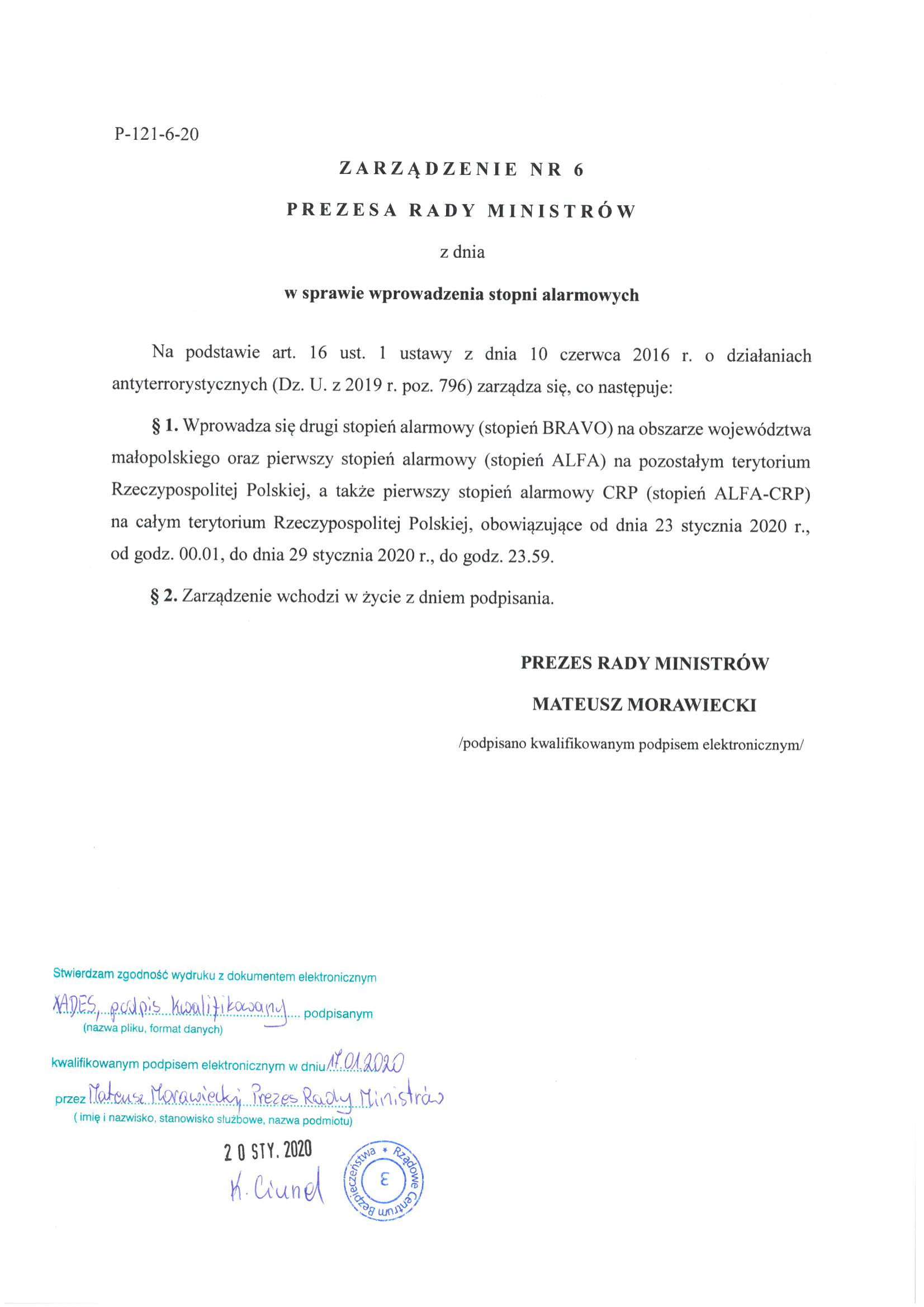 Uwaga! Preze Rady Ministrów wprowadza pierwszy stopień alarmowy (stopień ALFA) na terytorium Rzeczypospolitej Polskiej i pierwszy stopień alarmowy CRP (stopień ALFA-CRP) na całym terytorium Rzeczypospolitej Polskiej – obowiązujące od dnia 23 stycznia 2020r. od godz. 00.01 do dnia 29 stycznia 2020r. do godz. 23.59.