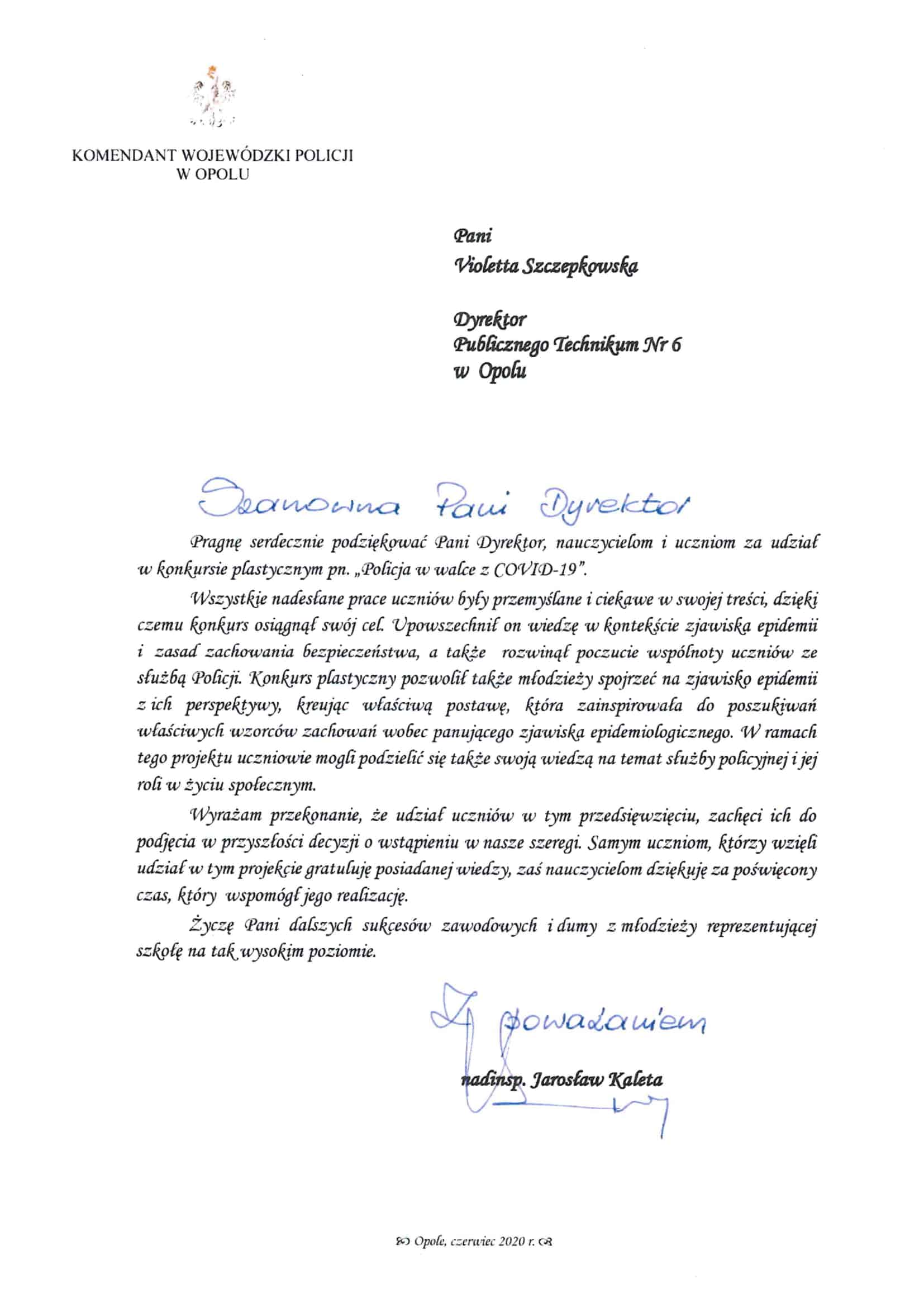 PODZIĘKOWANIE :) – KOMENDANT WOJEWÓDZKI POLICJI W OPOLU
