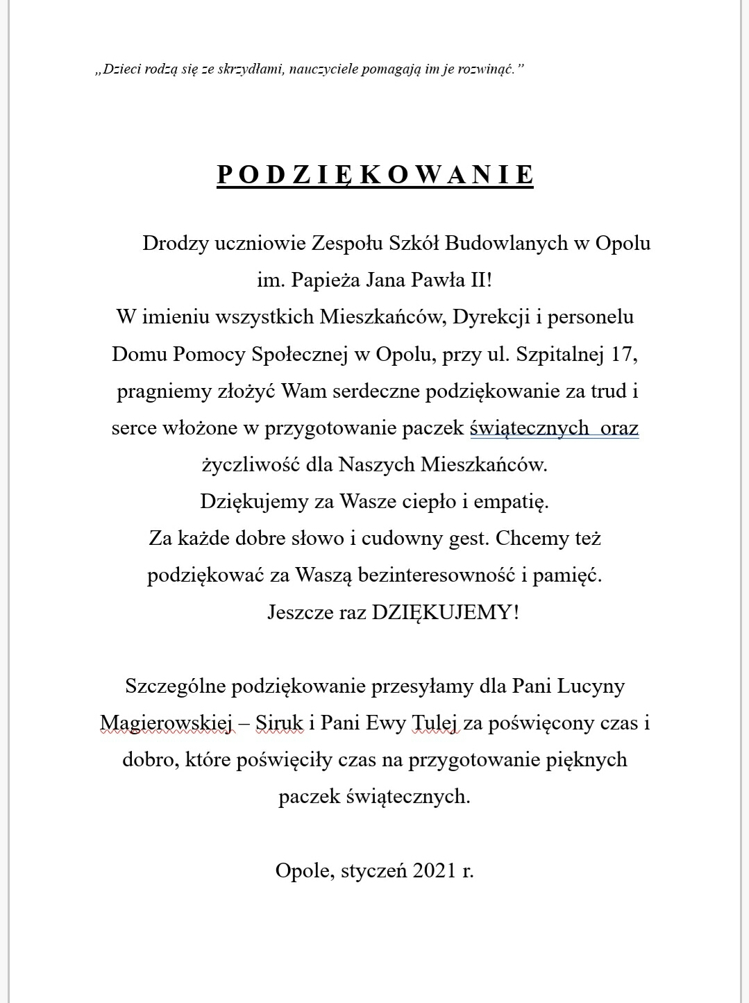 Podziękowania od DPS w Opolu