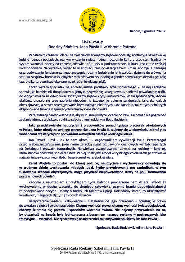 List otwarty Rodziny Szkół im. Jana Pawła II w obronie Patrona
