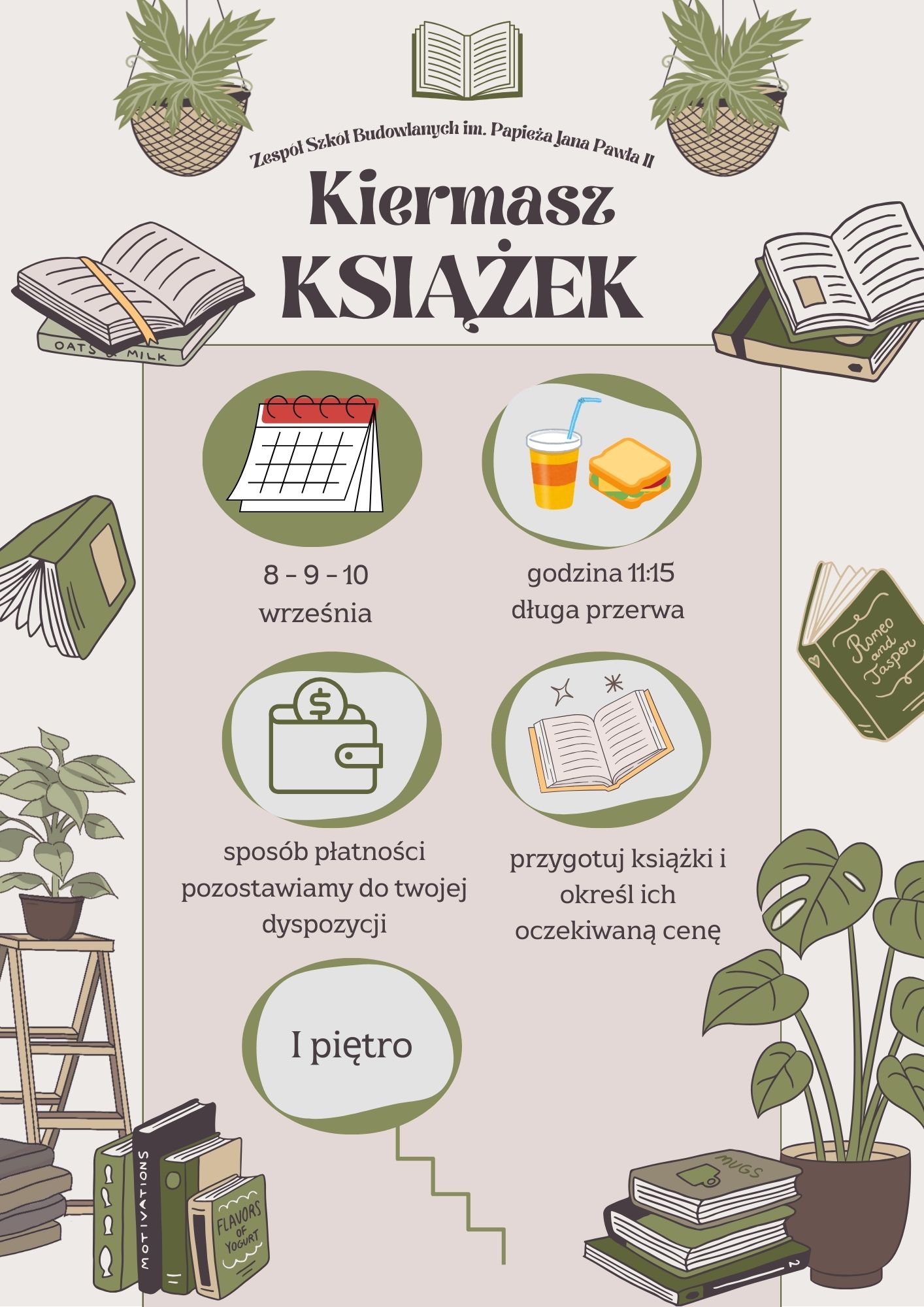 Kiermasz książek godz. 11:15, I piętro, poniedziałek, wtorek, środa